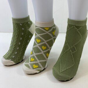 Set 3 Womens Ankle Socks Hearts Polka Dots Cable Knit Green Yellow Beige